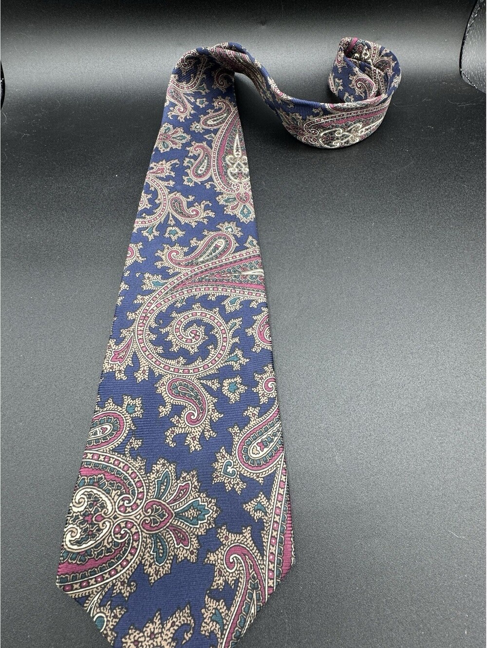 Farah Paisley Silk Tie Navy Blue Burgundy Teal Classic Men’s Necktie Vintage